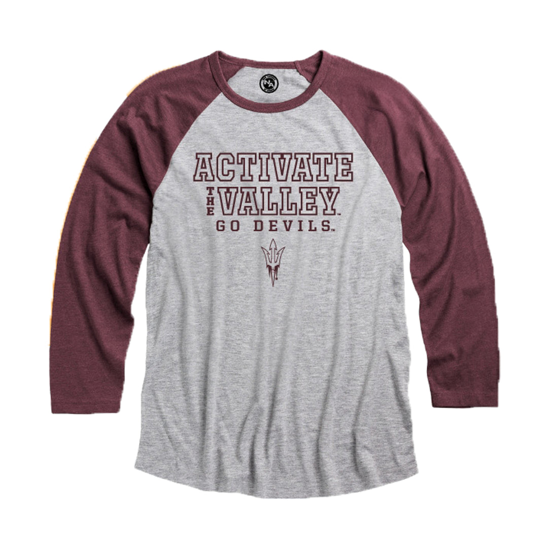 Three-quarter sleeve shirt in gray with maroon sleeves and collar. Text on the chest reads 'Activate the Valley. Go Devils' with a pitchfork logo below. 