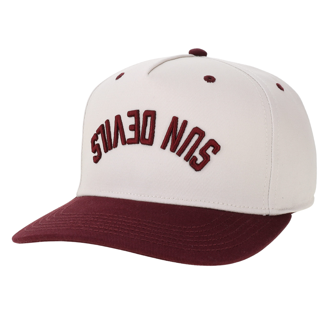 Stone color hat with maroon brim and 'Sun Devils' upside down and backwards.
