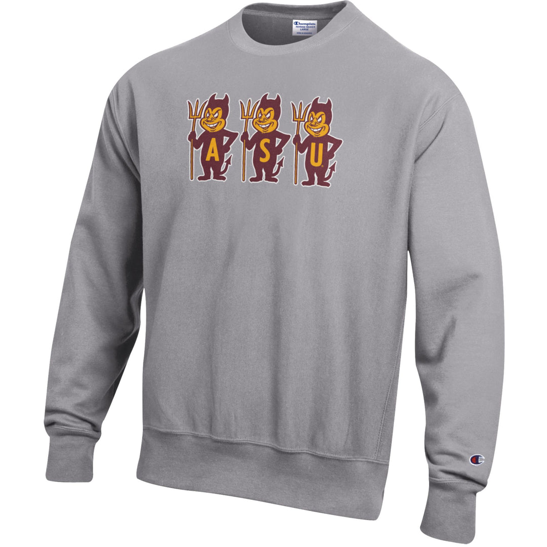 Gray sweatshirt with a logo featuring three cartoon characters on a white background