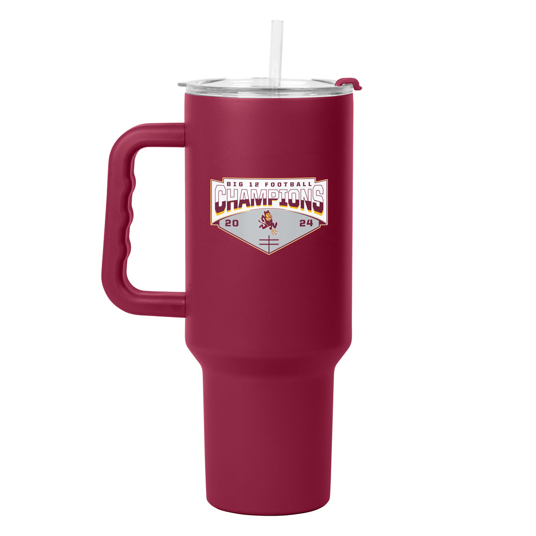 Maroon tumblr with maroon handle,  clear lid and straw with maroon sip protector, Big 12 Football Champions 2024" in the center with charging Sparky