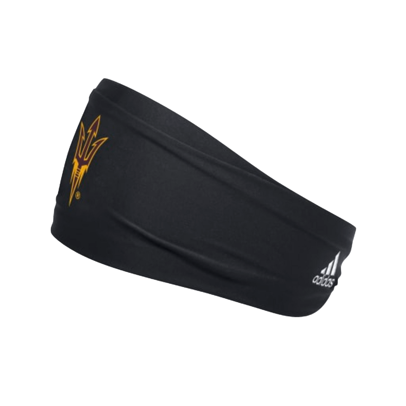 Black adidas headband with maroon pitchfork outlined in gold in front.