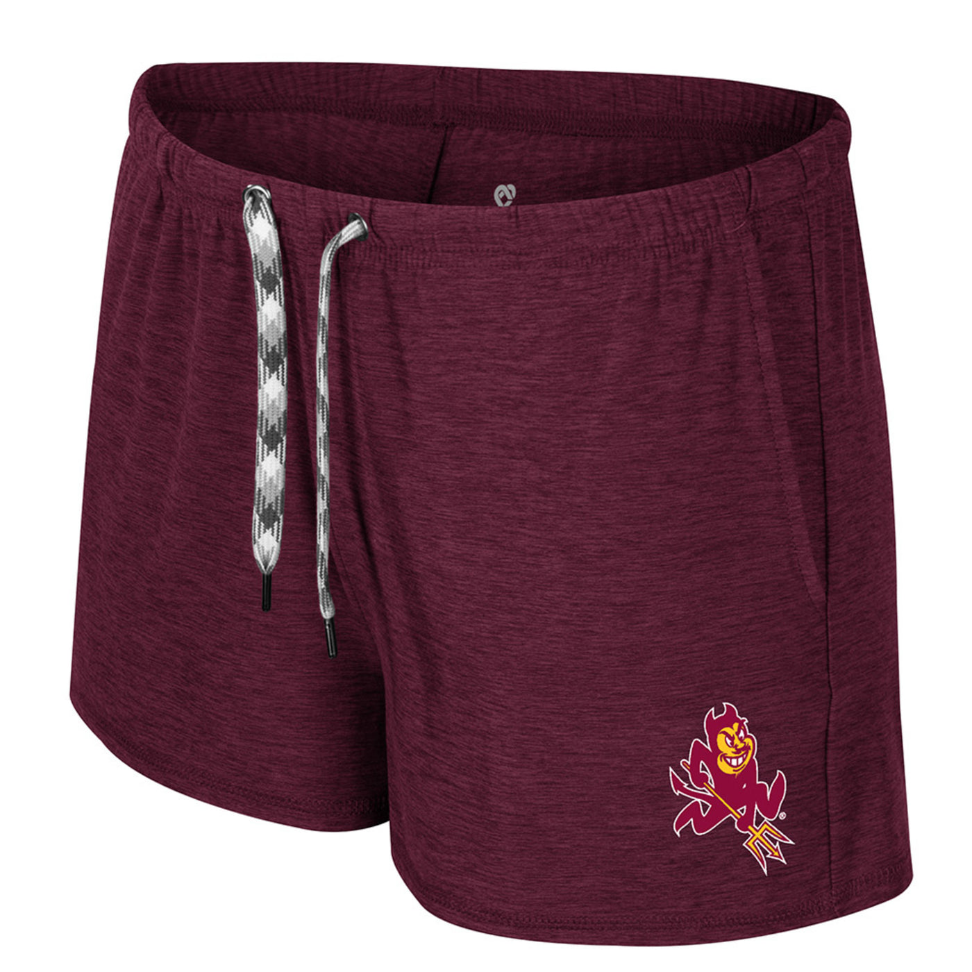 ASU maroon ladies shorts. These shorts are maroon all over with a small image of sparky in the bottom left short leg. The drawstrings are a black and white gingham design. 