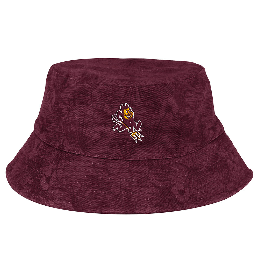 Maroon bucket hat with darker maroon palm design background, charging Sparky in center