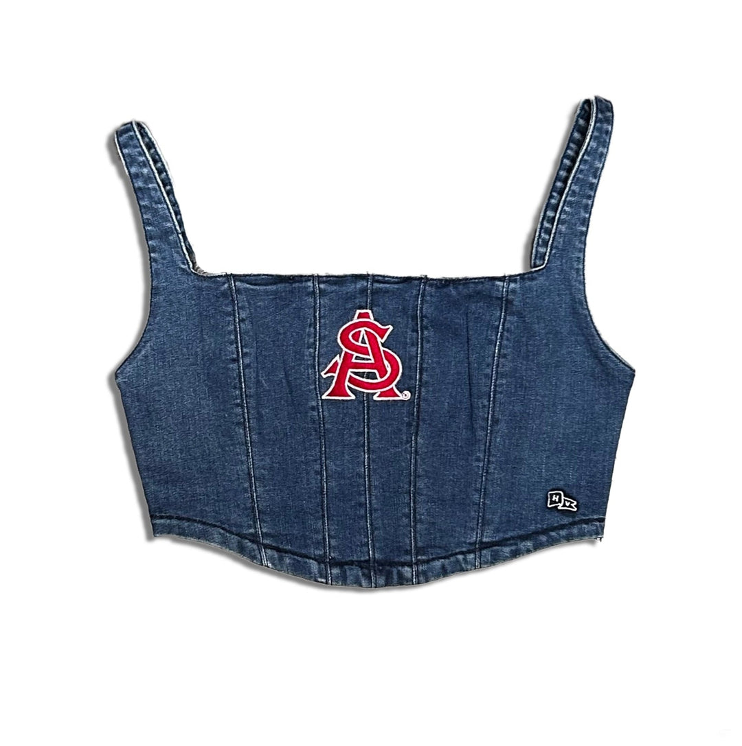 Cropped ASU denim corset with classic A and S logo in maroon outlined in white embroidered on the chest. 
