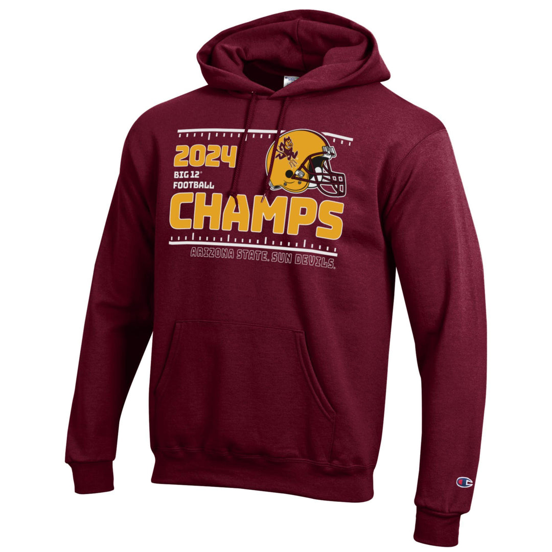 ASU maroon hoodie with "2024 Big 12 Football Champs" in gold, a sparky football helmet, and "Arizona State Sun Devils" below