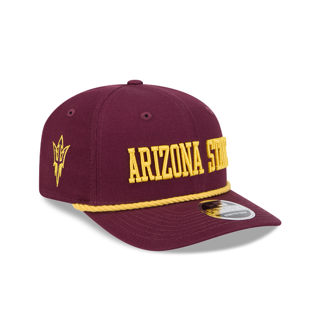maroon hat with gold text saying "Arizona State" and a gold rope. gold pitchfork on the side of the hat