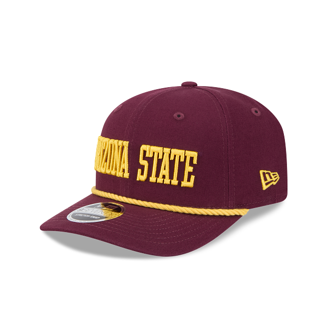 maroon hat with gold text saying "Arizona State" and a gold rope. New Era logo in gold on the side of the hat
