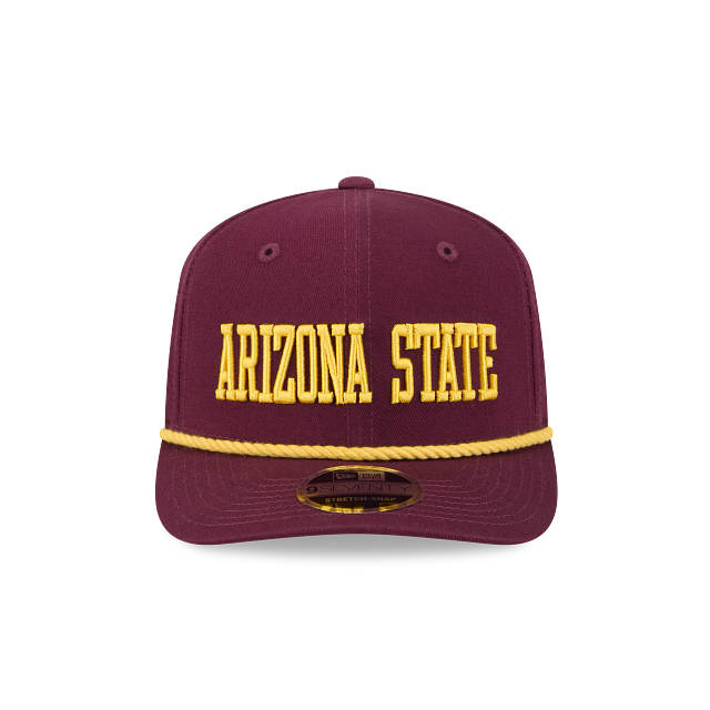 maroon hat with gold text saying "Arizona State" and a gold rope