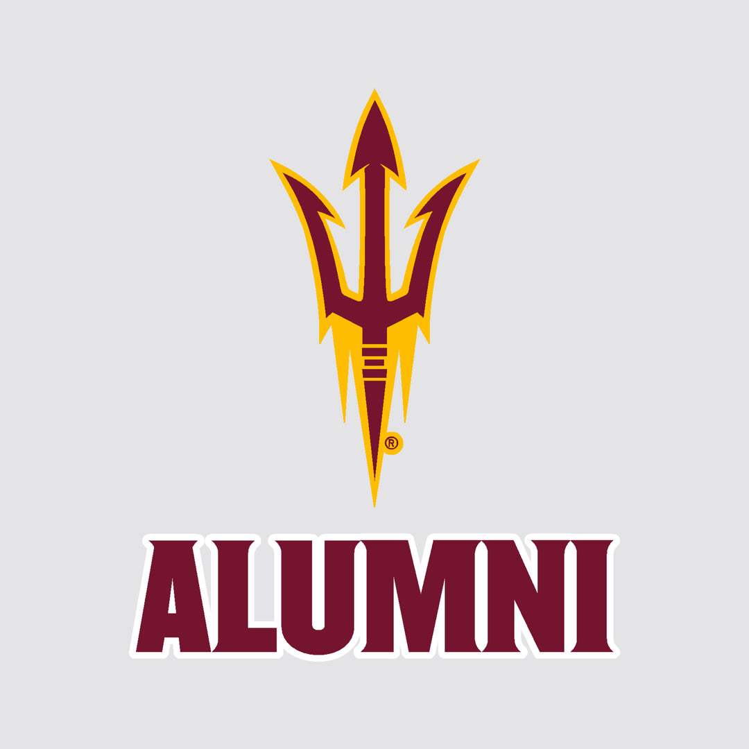 Decal of ASU pitchfork logo in maroon and gold. Below is text that reads 'alumni' in maroon, outlined in white. 