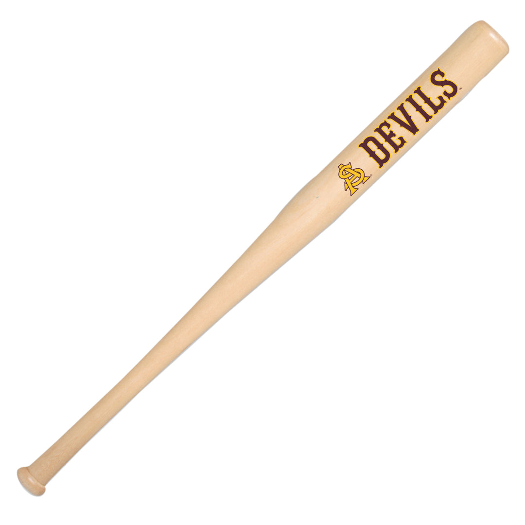 Light wooden color mini baseball bat with a gold A and S logo outlined in maroon followed by a maroon "devils" outlined in gold on the barrel. 