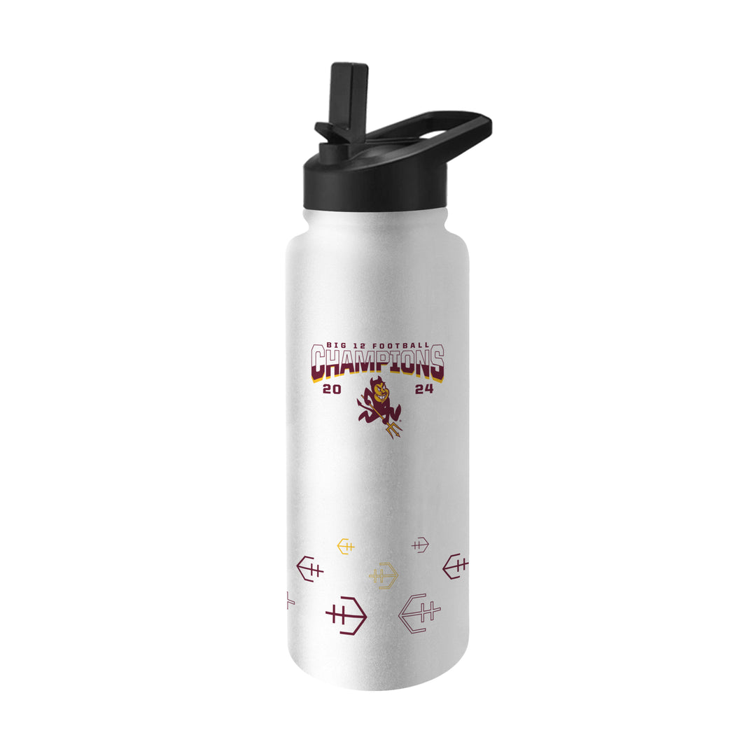 With sprots bottle with black lid and flip up straw, "Big 12 Football Champions 2024" in the center with charging Sparky, maroon and gold and white stylized half footballs