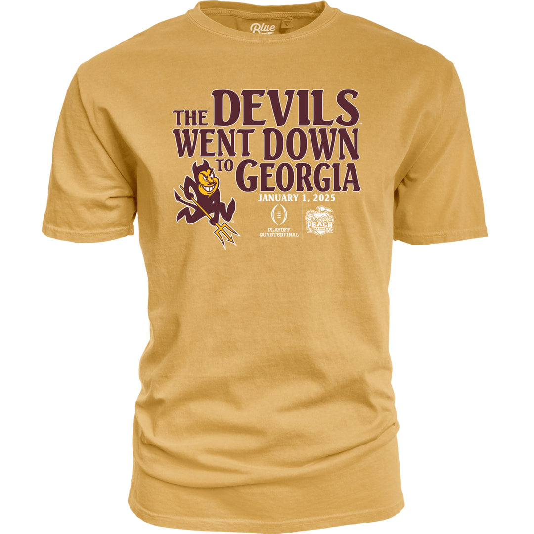 Short sleeve gold tee "The Devils Went Down to Georgia, January 1, 2025" in maroon  stacked writing with Playoff Quarterfinal and Chick-Fil-A Peach Bowl logos in white print next to it, charging Sparky to the left