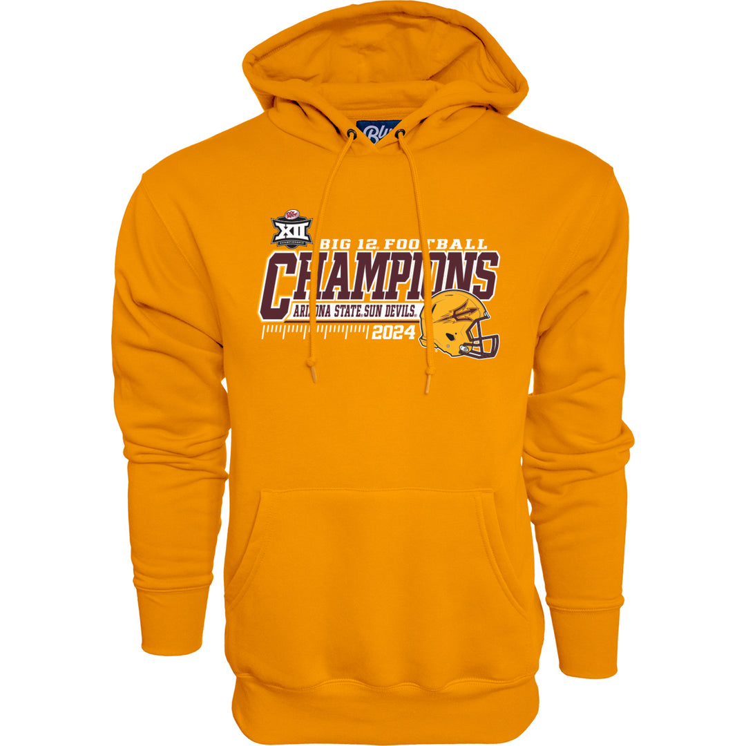 Gold long sleeve hoody with kangaroo pocket and 12 Championship logo to the upper left of "Big 12 Football" in white writing on top, "Champions" in maroon with white outline, above "Arizona State Sun Devils" in maroon over white banner, football field marking in white with "2024" next to maroon outlined gold football helmet with maroon pitchfork