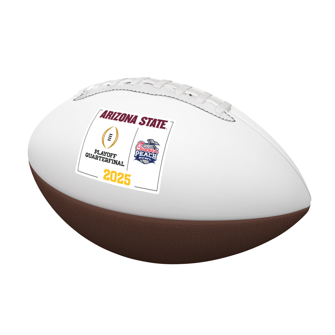 Football, back half maroon, front half white with "Arizona State" in maroon on top, Playoff Quarterfinal and Chick-Fil-A Peach Bowl logos in the center, "2024" in gold on the bottom