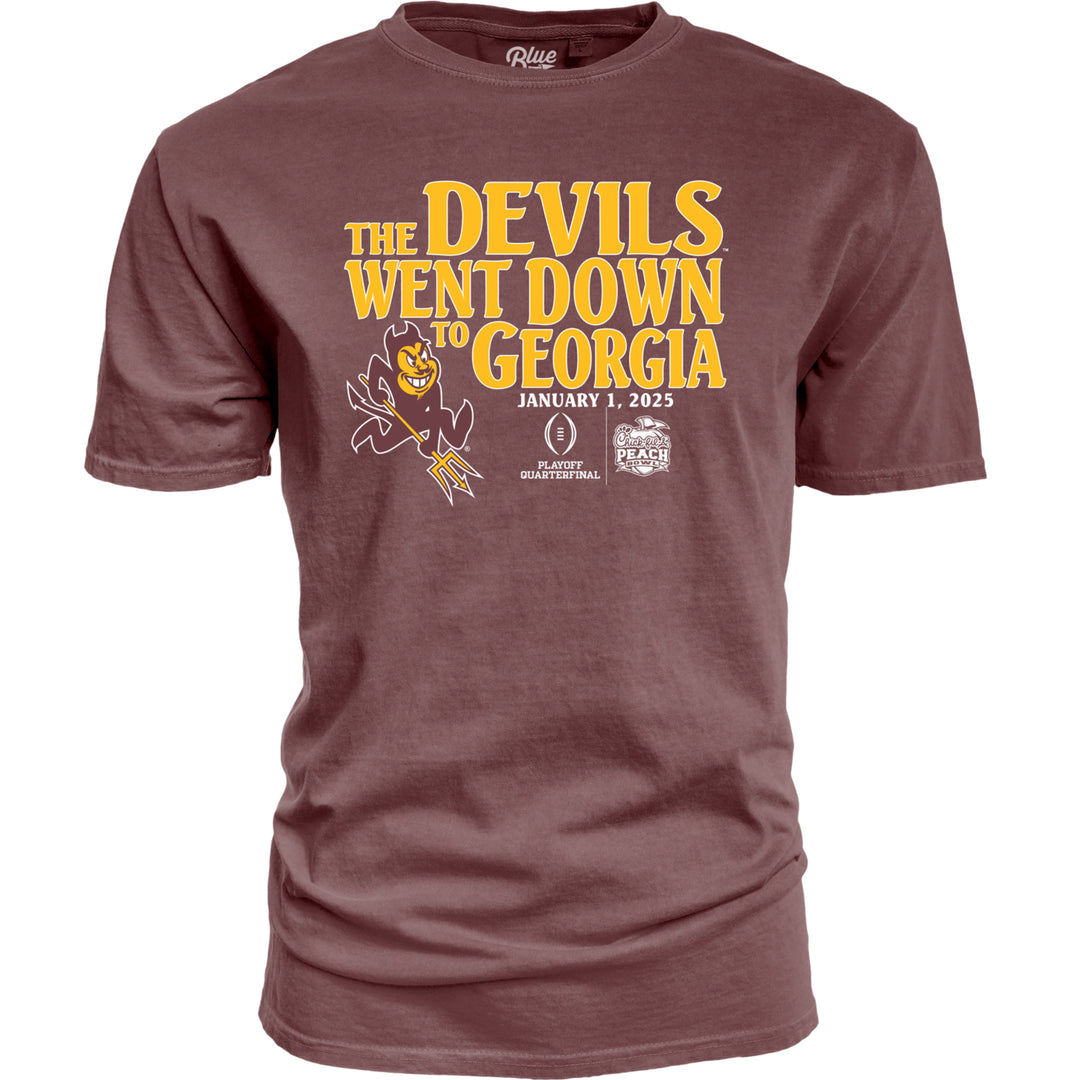 Short sleeve maroon tee "The Devils Went Down to Georgia, January 1, 2025" in maroon  stacked writing with Playoff Quarterfinal and Chick-Fil-A Peach Bowl logos in white print next to it, charging Sparky to the left