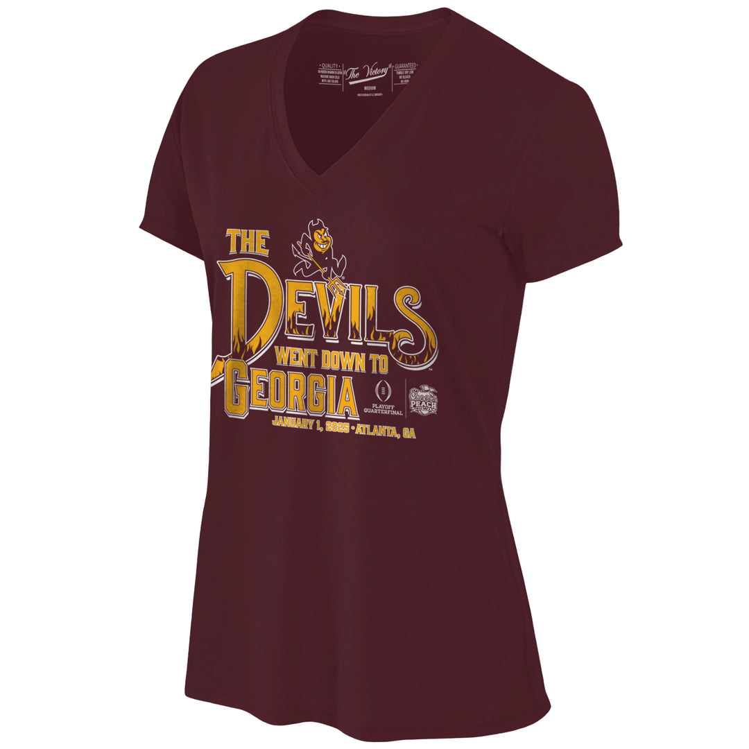 Maroon short sleeve, v-neck tee, "The Devils Went Down to Georgia, January 1, 2025" in gold stacked writing with Playoff Quarterfinal and Chick-Fil-A Peach Bowl logos in white print next to it