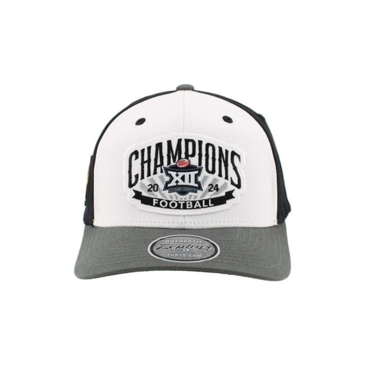 White front with grey brim and black body hat with 'Champions Football 2024' in white and the big 12 logo in the center