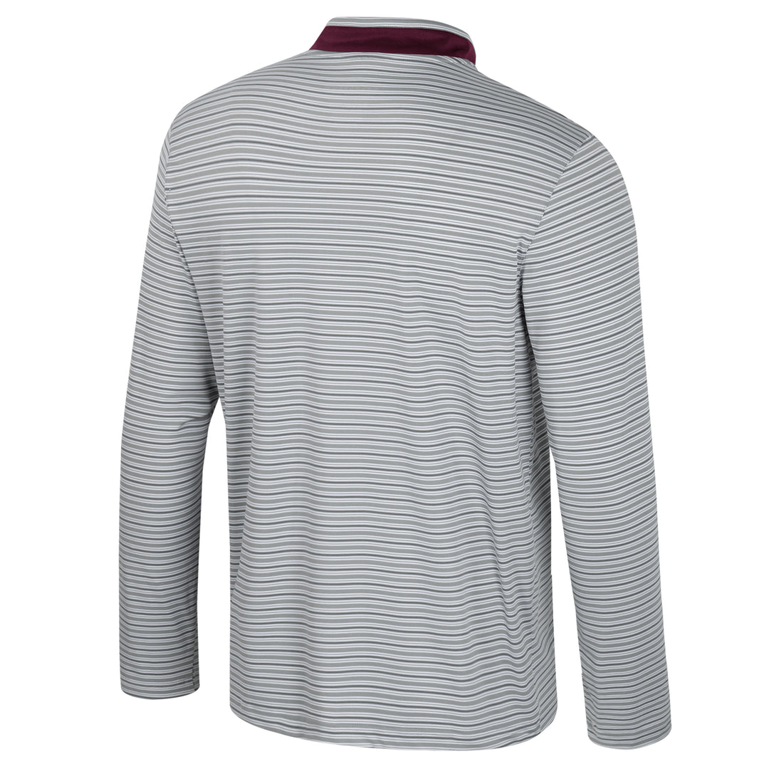 Long sleeve shirt with white, dark and light grey stripes, high color with maroon base, white, dark and light grey stripes