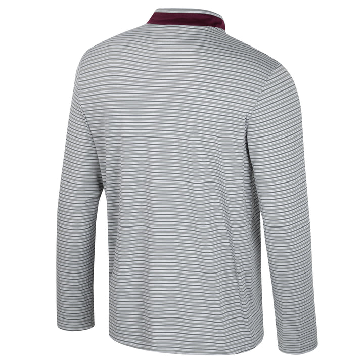 Long sleeve shirt with white, dark and light grey stripes, high color with maroon base, white, dark and light grey stripes