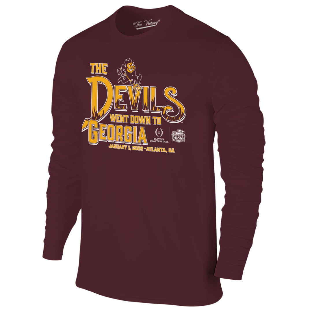 Long sleeve maroon tee "The Devils Went Down to Georgia, January 1, 2025" in gold stacked writing with Playoff Quarterfinal and Chick-Fil-A Peach Bowl logos in white print next to it