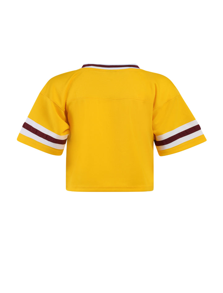 Back of cropped short sleeve jersey in gold. Maroon and white stripe detailing on the collar and sleeves. 