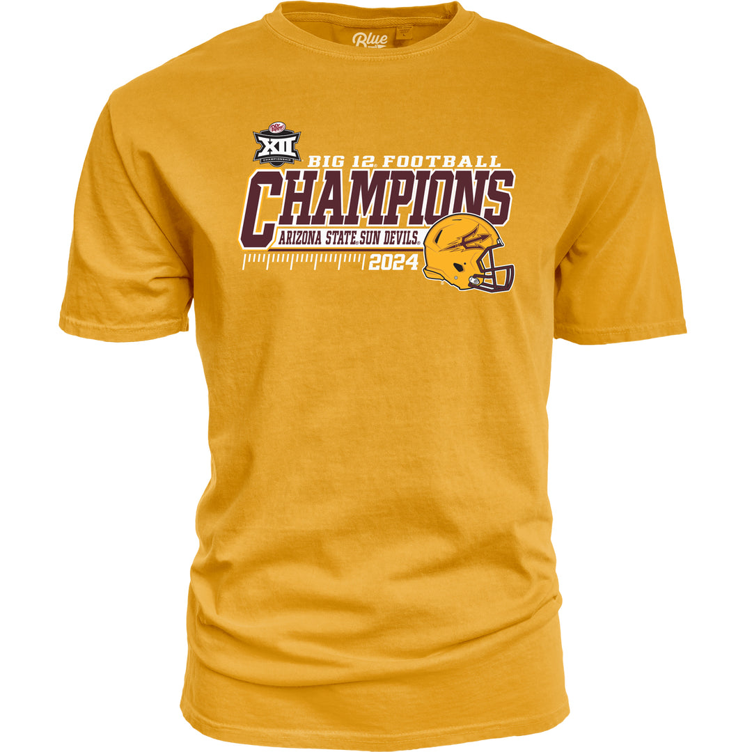 Short sleeve gold tee, Big 12 Championship logo to the upper left of "Big 12 Football" in white writing on top, "Champions" in maroon with white outline, above "Arizona State Sun Devils" in maroon over white banner, football field marking in white with "2024" next to maroon outlined gold football helmet with maroon pitchfork