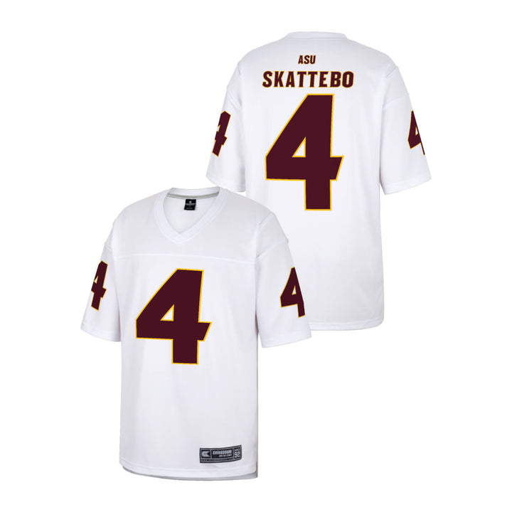 Front and back of white Skattebo jersey.