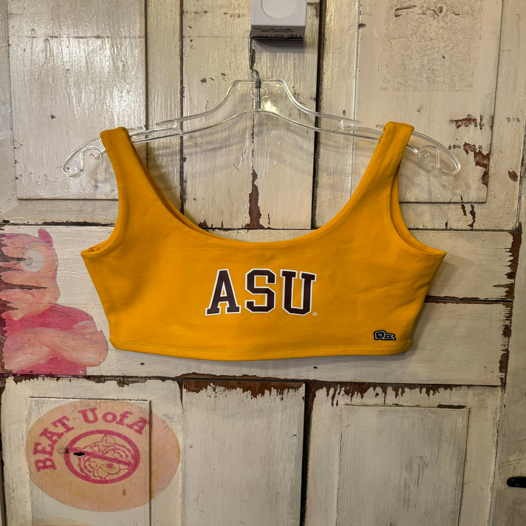 Cropped ASU tank top in gold. Text in the center in classic font reads 'ASU' in maroon outlined in white. 