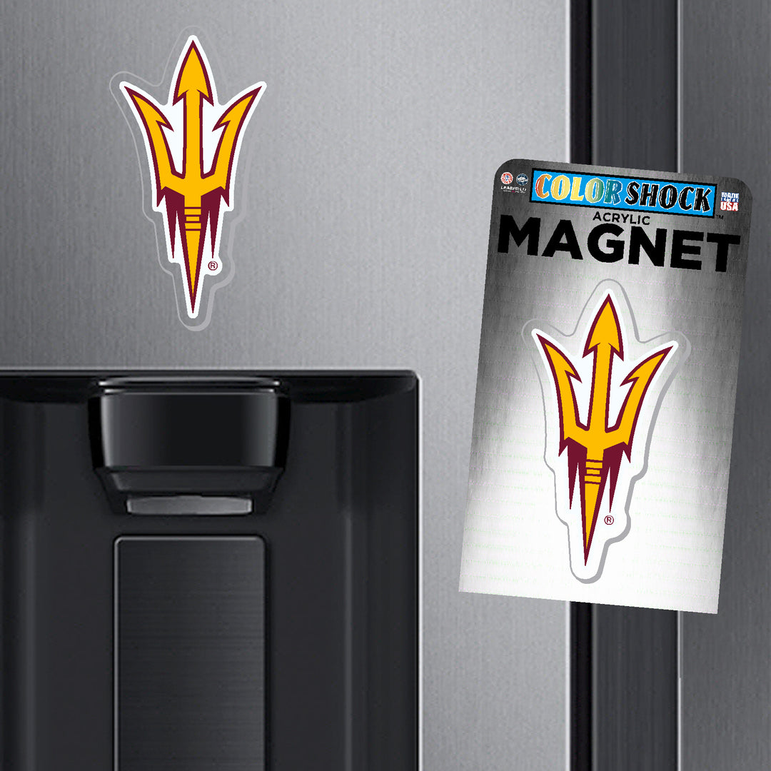 Acrylic magnet with Arizona State Sun Devils logo on a refrigerator