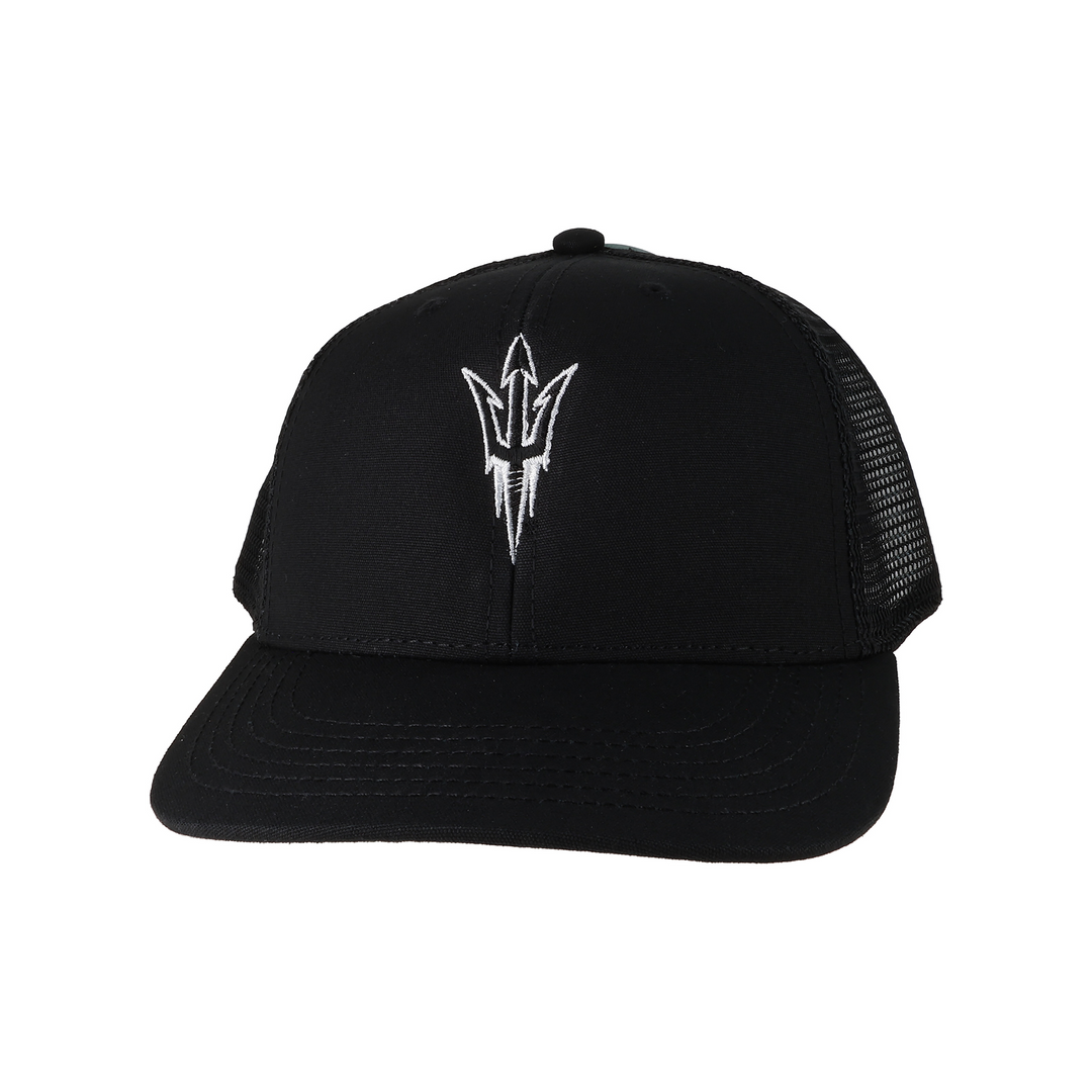 Black hat with white outlined pitchfork on the front