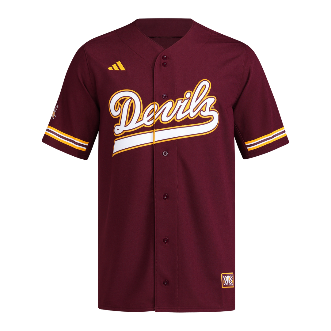 Maroon short sleeve baseball jersey, maroon buttons down the front, "Devils" in white cursive across the chest and outlined in gold, gold ADIDAS logo on right shoulder