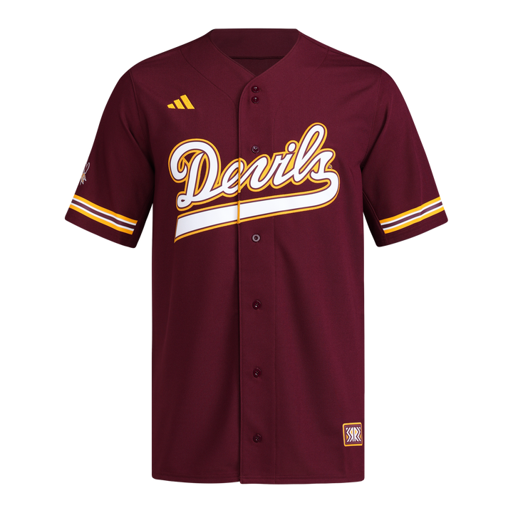 Maroon short sleeve baseball jersey, maroon buttons down the front, "Devils" in white cursive across the chest and outlined in gold, gold ADIDAS logo on right shoulder