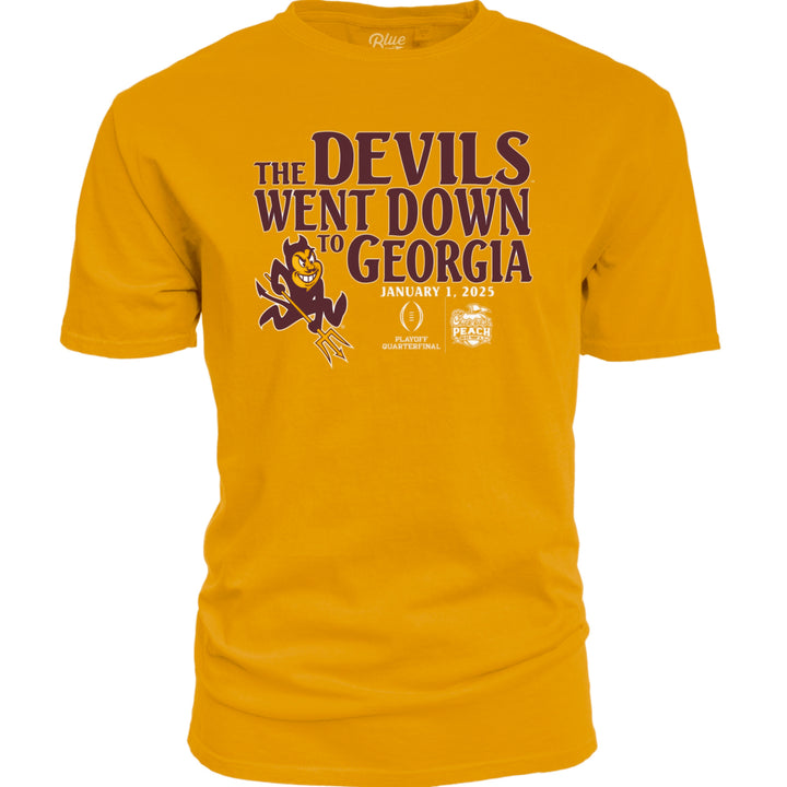 Gold tee featuring maroon text reading "The Devils Went Down to Georgia" followed by the date of the Peach Bowl along with the CFP and Peach Bowl logos. Sparky logo at bottom left of design