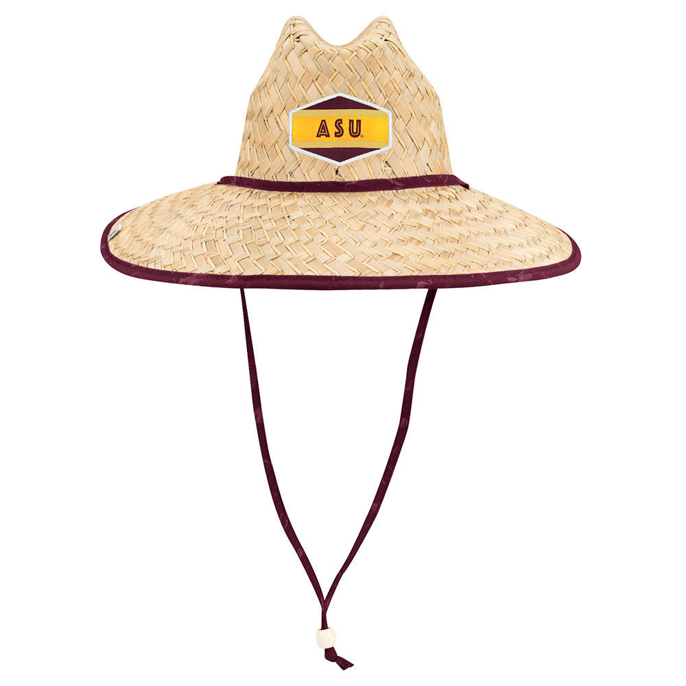 Blond straw hat with maroon trimmed brim and horned top, maroon and gold "ASU" patch on cap, maroon adjusting string