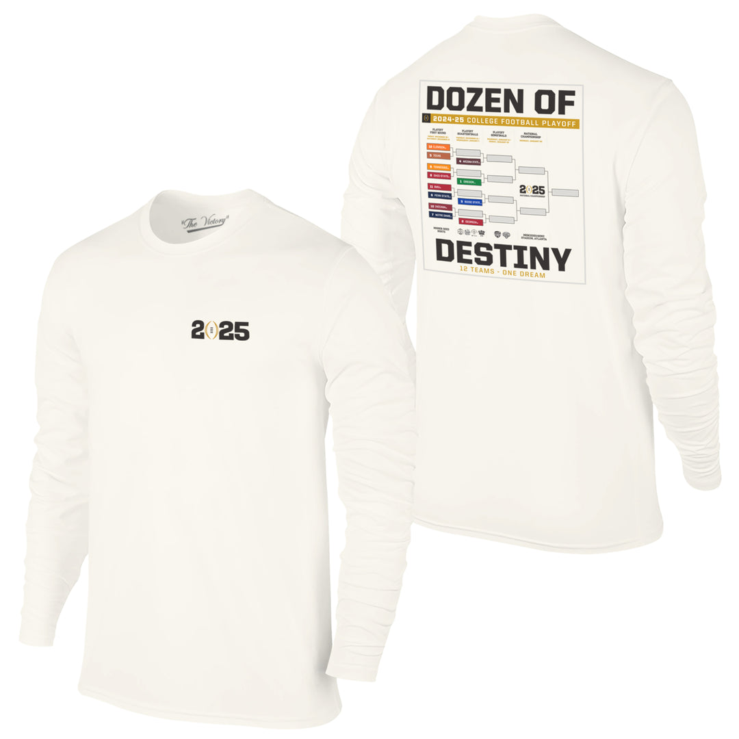 Front long sleeve tee with 2025 CFP logo on left breast, back college playoff teams through quarterfinals in bracket form with "Dozens of Destiny" in black sandwiching bracket