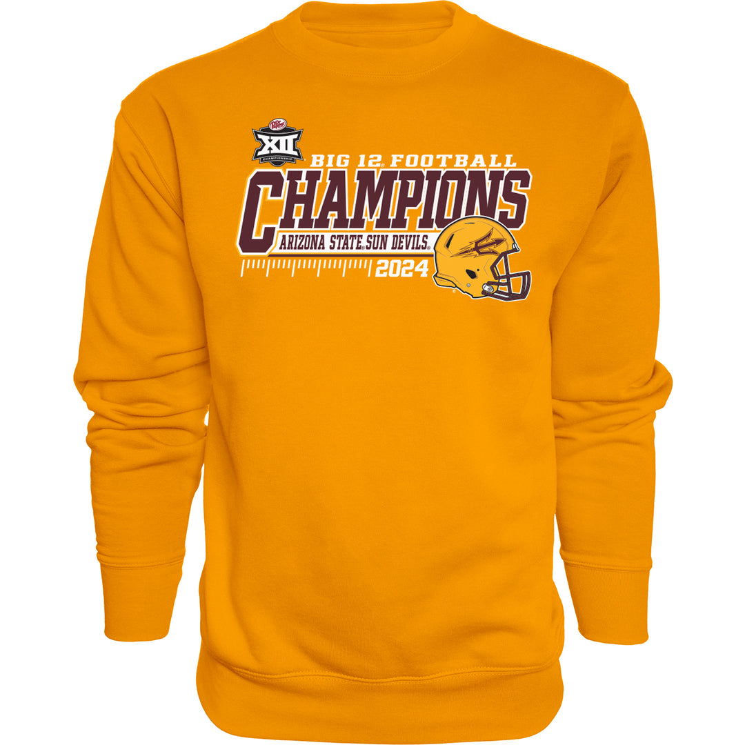 Long sleeve gold crew neck with 12 Championship logo to the upper left of "Big 12 Football" in white writing on top, "Champions" in maroon with white outline, above "Arizona State Sun Devils" in maroon over white banner, football feild marking in white with "2024" next to maroon outlined gold football helmet with maroon pitchfork