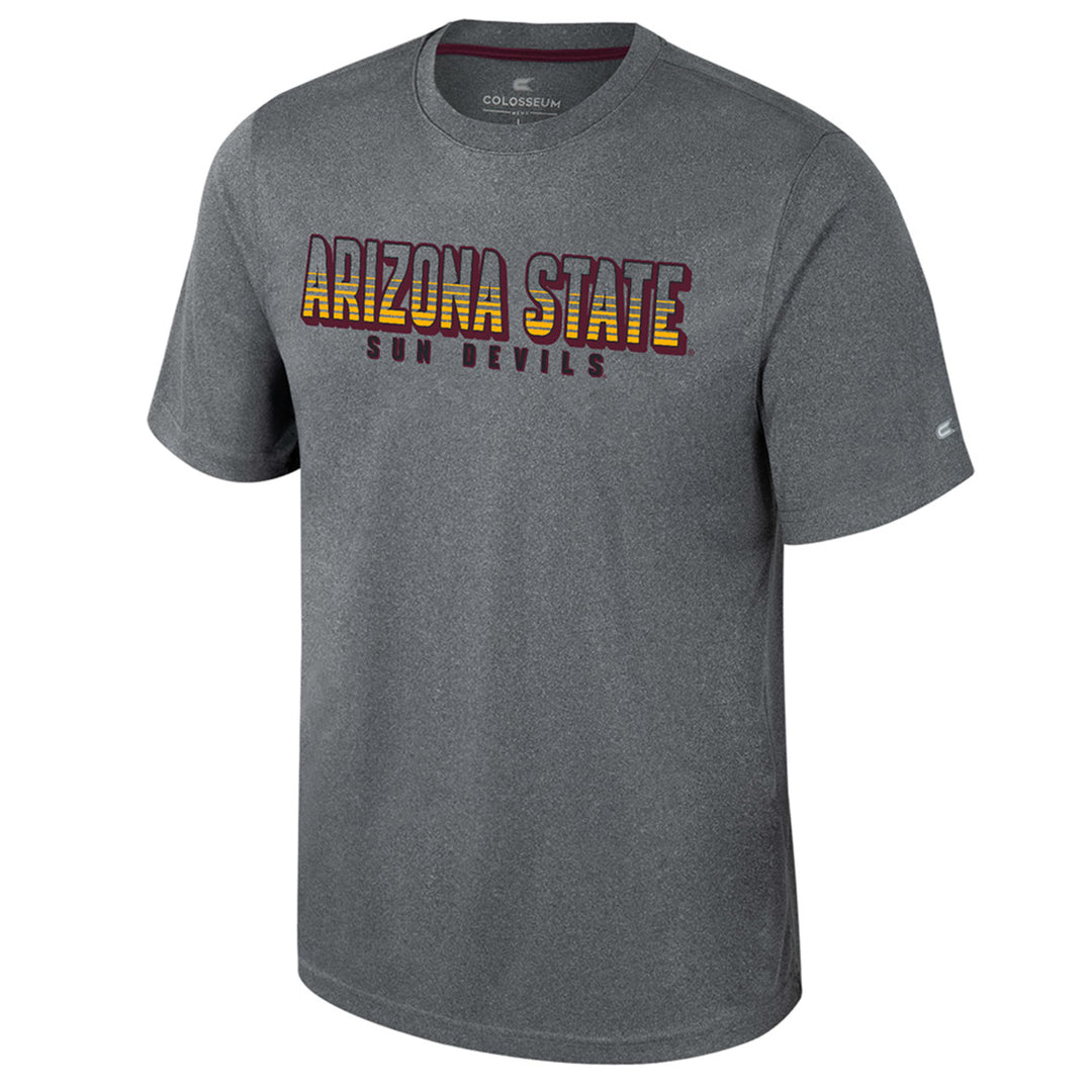 Heathered gray tee shirt with multicolor "Arizona State" written in large letters. Below is Sun Devils written in black with a maroon outline. 