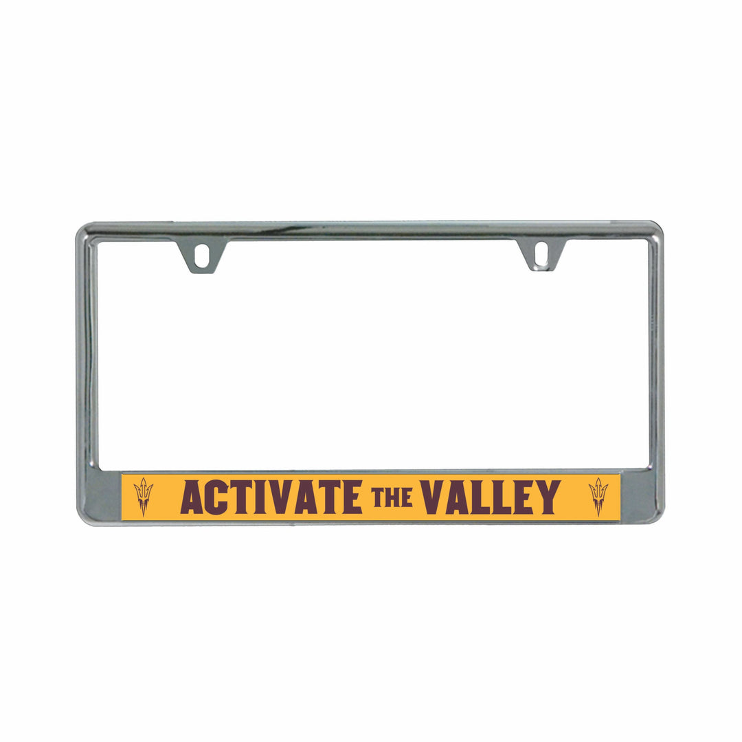 Metal license plate frame with gold banner on the bottom with 'Activate the Valley' in maroon framed with maroon pitchforks on either side.