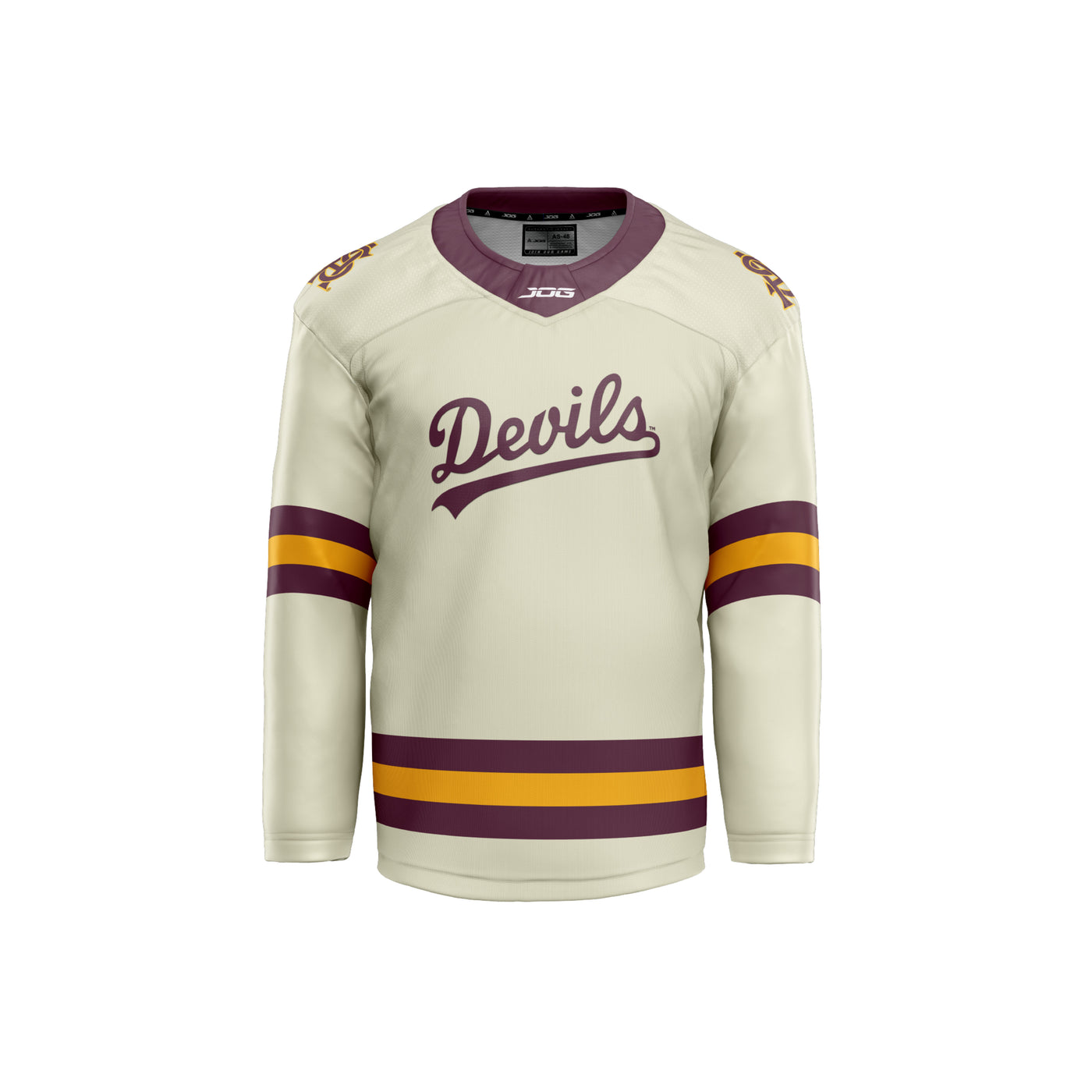 ASU cream colored hockey jersey with maroon and gold stripes on the arms and the waist line. The text 