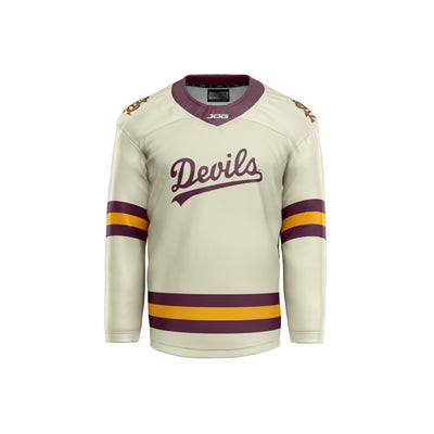 ASU cream colored hockey jersey with maroon and gold stripes on the arms and the waist line. The text "Devils" is in cursize on the front with the text extending to underline with word. there is also an interlocking A&S logo on each shoulder in maroon outlined in gold.