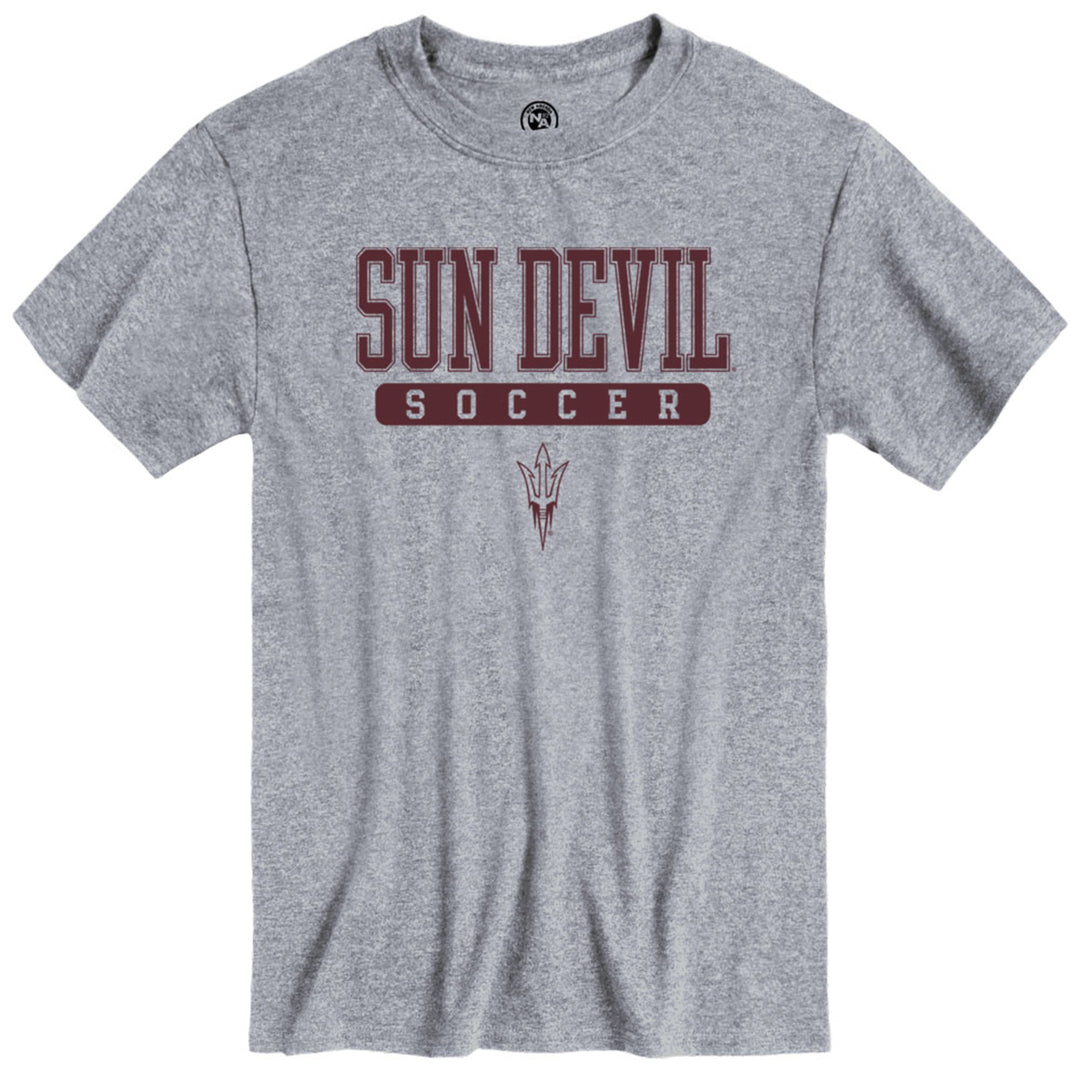 ASU grey tee with the maroon text "Sun Devil" above a maroon rounded rectangle with the grey text "Soccer" in the center. All above a maroon pitchfork outline. 