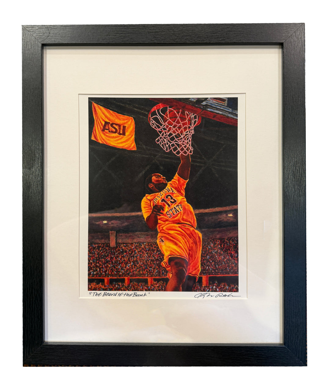 James Harden making a slam dunk on ASU basketball court in front of a cheering crowd on matte background with black frame.