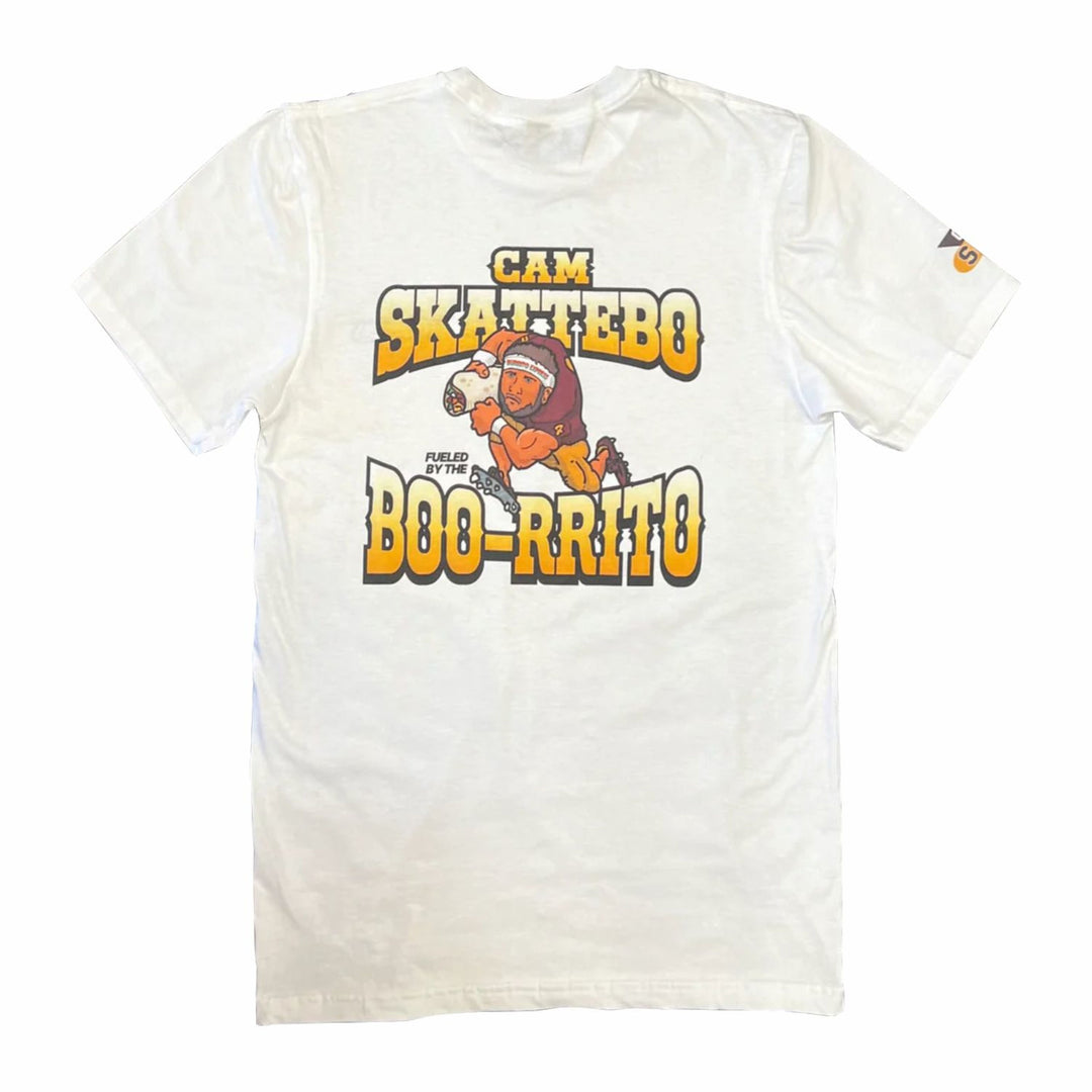 White tee with "Burrito Express" written on front across left chest. Cactus Sports logo on the right arm sleeve. In the middle of the back is a graphic of Cam Skattebo in football attire sprinting with a burrito. "Cam Skattebo" written at the top of the back. "Boo-rrito" is written at the bottom