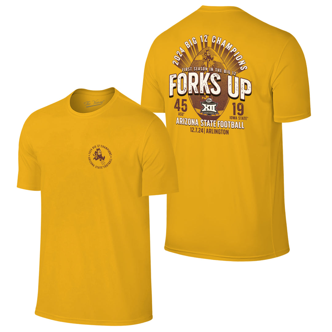 Gold short sleeve tee with "2024 Big 12 Champions" arched over "First season in the Big 12" above enlarged "Forks Up", "Arizona State Football" on the bottom with "12.7.25 | Arlington" underneath, football with sparky on the top and ASU 45 and Iowa State 19 in the background, gold short sleeve tee with charging Sparky and "2024 Big 12 Champions Arizona State Football" circling on the left breast