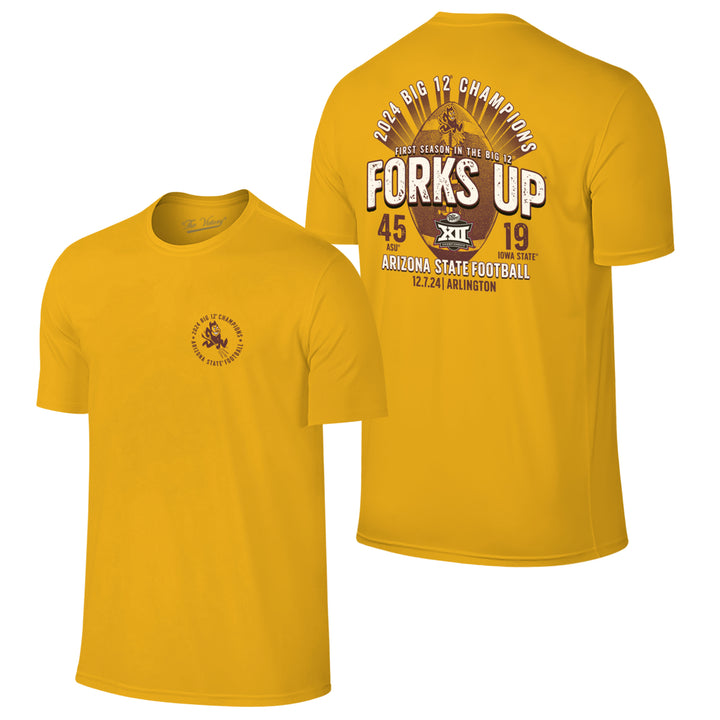 Gold short sleeve tee with "2024 Big 12 Champions" arched over "First season in the Big 12" above enlarged "Forks Up", "Arizona State Football" on the bottom with "12.7.25 | Arlington" underneath, football with sparky on the top and ASU 45 and Iowa State 19 in the background, gold short sleeve tee with charging Sparky and "2024 Big 12 Champions Arizona State Football" circling on the left breast