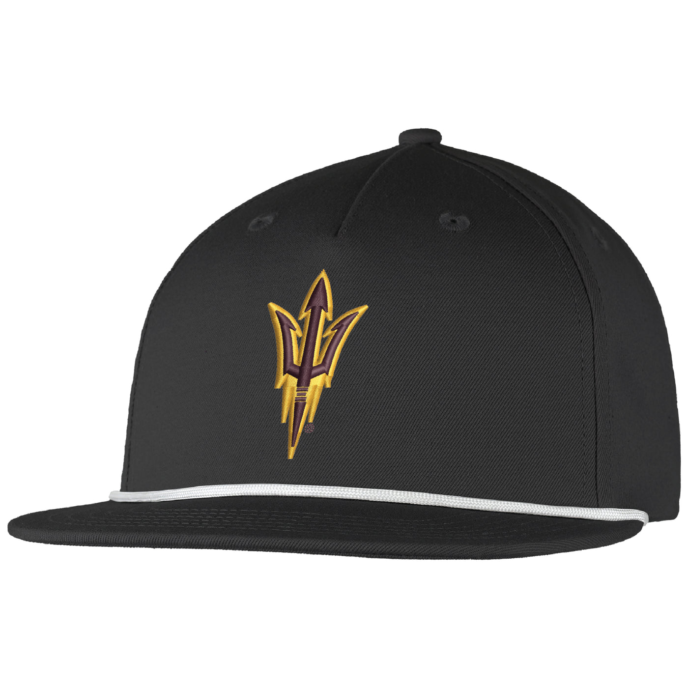 ASU black snapback hat with a pitchfork in maroon outlined in gold and a thin white rope across where the bill meets the hat