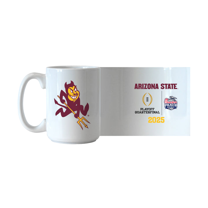 White ceramic mug with handle and maroon adn gold charging Sparky on one side, "Arizona State" in maroon on top, Playoff Quarterfinal and Chick-Fil-A Peach Bowl logos in the center, "2024" in gold on the bottom on the other side