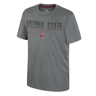 Short sleeve grey tee with "Arizona State" in dark grey interrupted letters above "Sun Devils" in maroon and gold, charging Sparky below