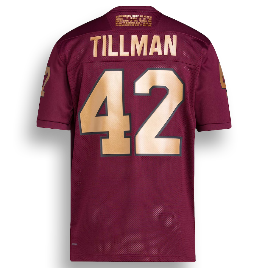 maroon football jersey back with Tillman and number 42 in gold across the back. Tillman quote in gold letters at the top of the back.
