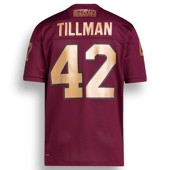 maroon football jersey back with Tillman and number 42 in gold across the back. Tillman quote in gold letters at the top of the back.